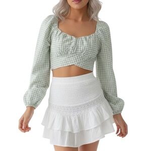 NWT $60 Altar'd State Green checker Plaid Tie Back Crop Top SIZE SMALL